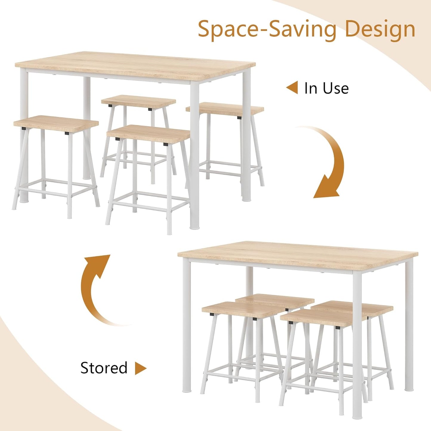 VECELO Kitchen Table and Chairs for 4, Dining Room Set with Chairs/Stools, Heavy-Duty Metal Frame with Wooden Tabletop for Small Spaces, Easy Assembly, Natural Oak