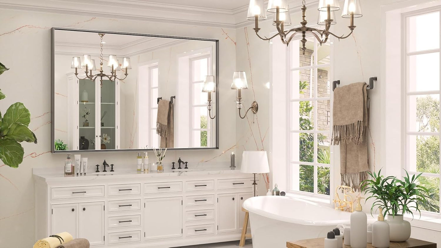 Keonjinn Black Mirror for Bathroom 60 x 40 Inch Rectangular Wall Mirror Large Matte Black Vanity Mirror Metal Frame Rectangle Farmhouse Mirror, Modern Square Corner Framed Mirror(Horizontal/Vertical)