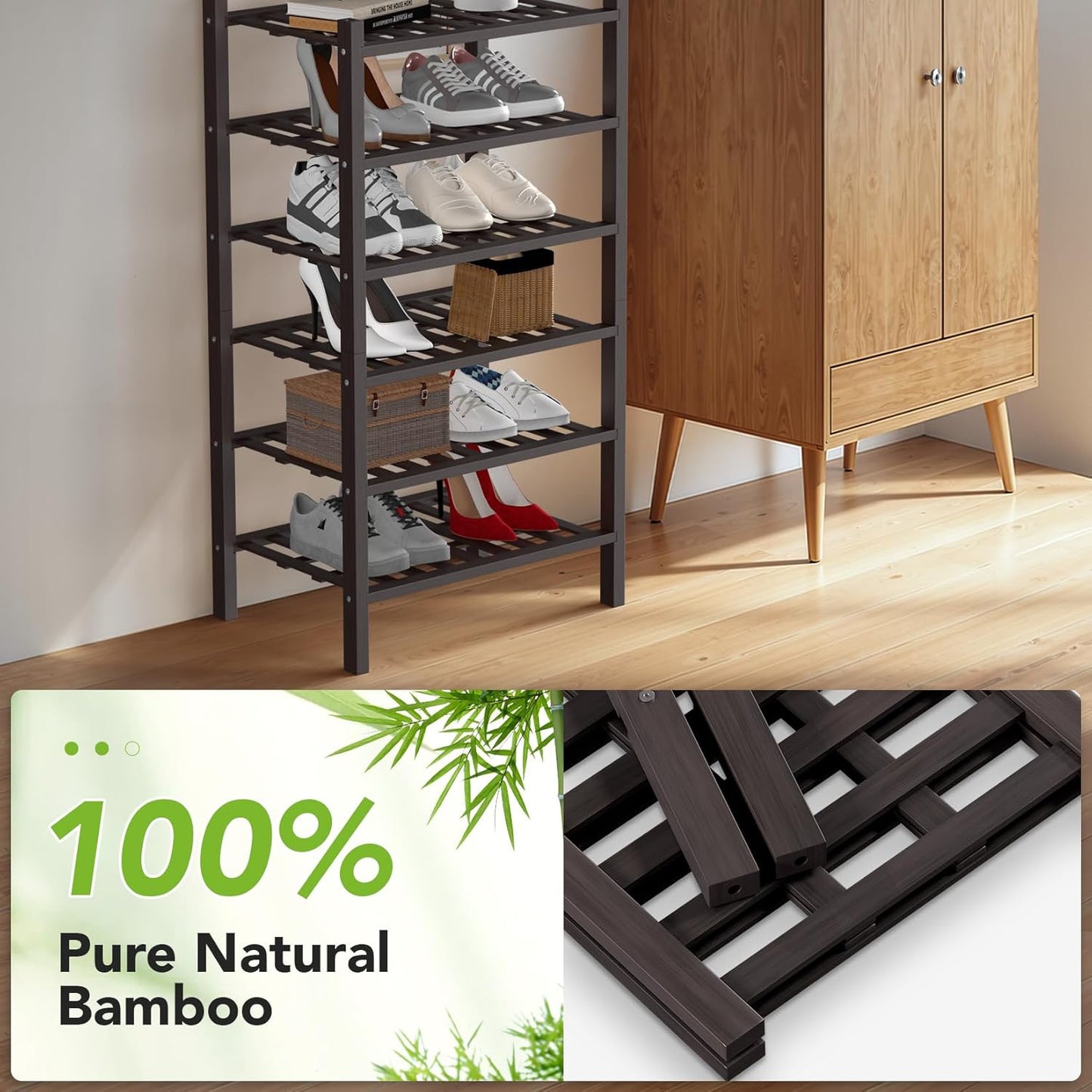 Haddockway small 6 Tier Bamboo Shoe Rack Storage Organizer, Multifunctional Free Standing Stackable Shoe Shelf with Grid Panel for Closet,Hallway,Entryway,Small Space 18"x11"x34"(Brown, 6-Tier(Small))