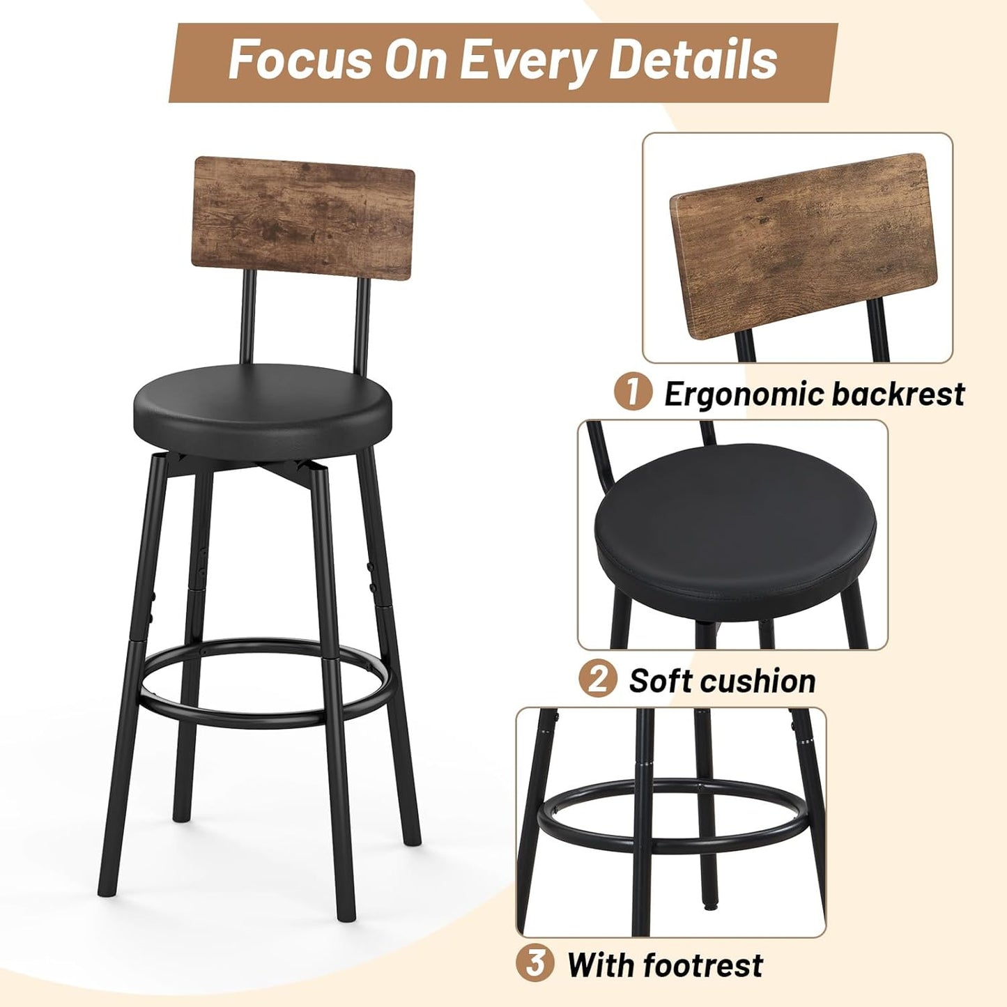 Dining Table Set for 4, 5-Piece Bar Table Set, Kitchen Table and Chairs, Counter Height High Top Table with 4 PU Upholstered Stools, Space-Saving Pub Table Sets for Small Space, Brown