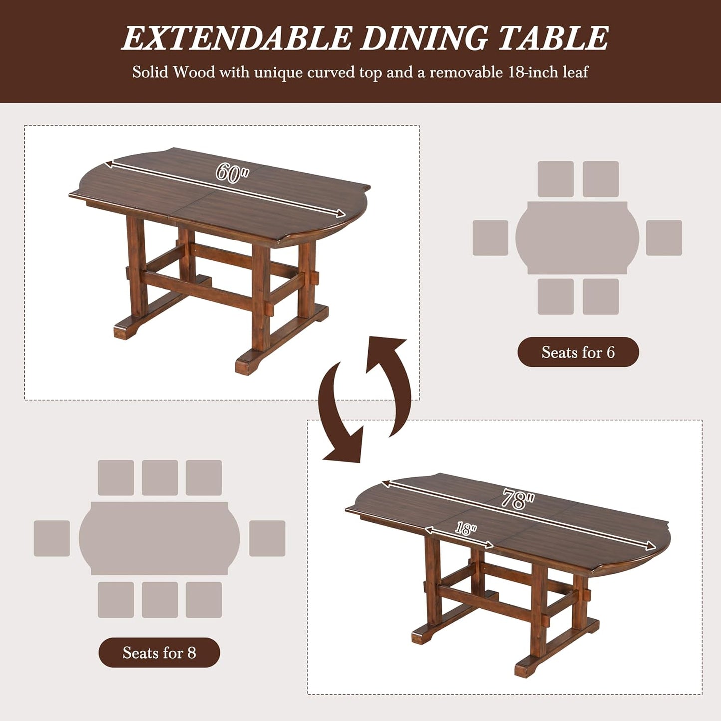 Ball & Cast 6 Pieces 78inch Extendable Wood Dining Table Set with Bench,Traditional Kitchen Table Set w/ 18inch Removable Leaf and 4 Upholstered Dining Chairs,for 5 People Dining Room,Espresso+Beige