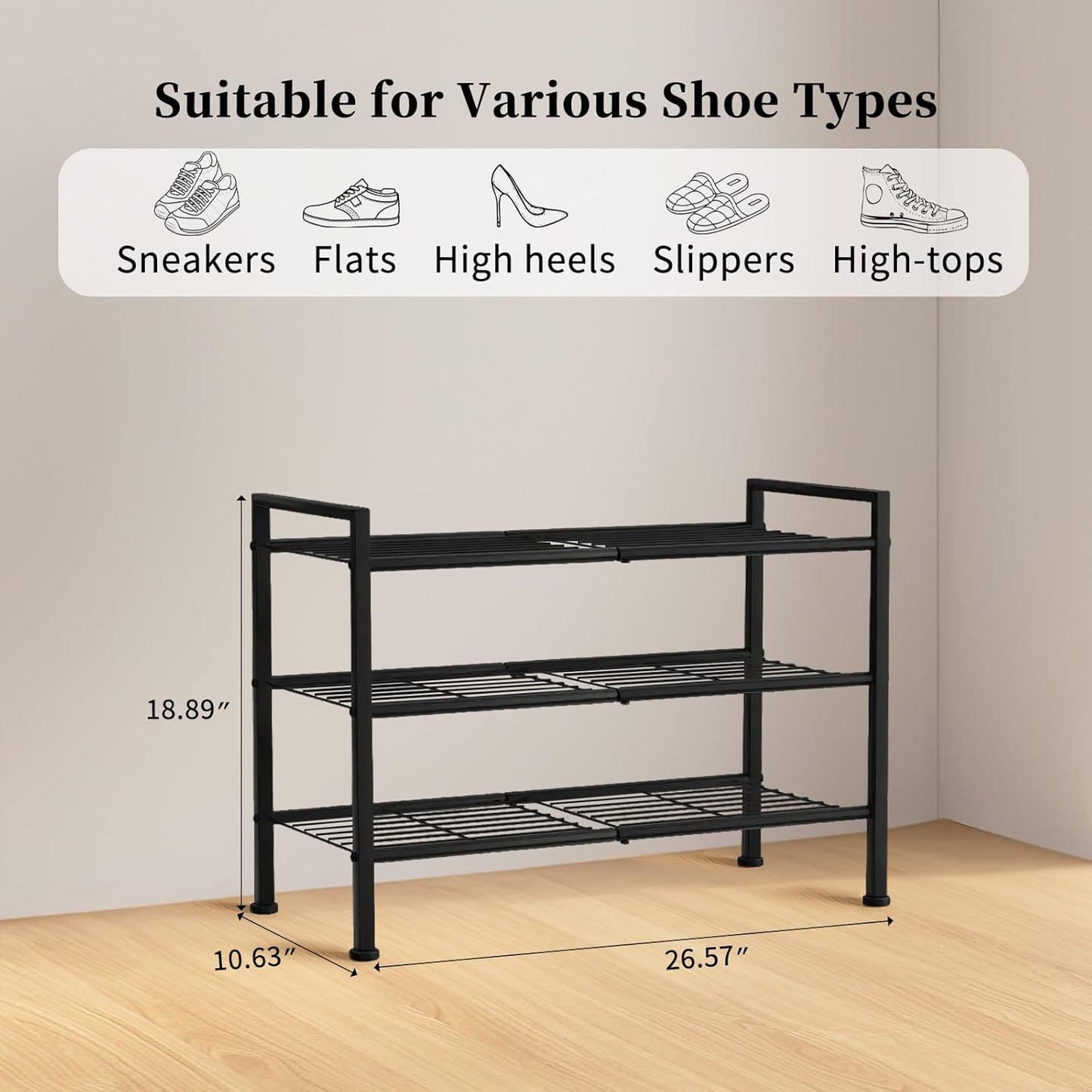 Simple 3 Tier Shoe Rack,Metal Stackable Shoe Storage Organizer for Closet,Entryway, Bedroom, Black (Black, 3-Tier)