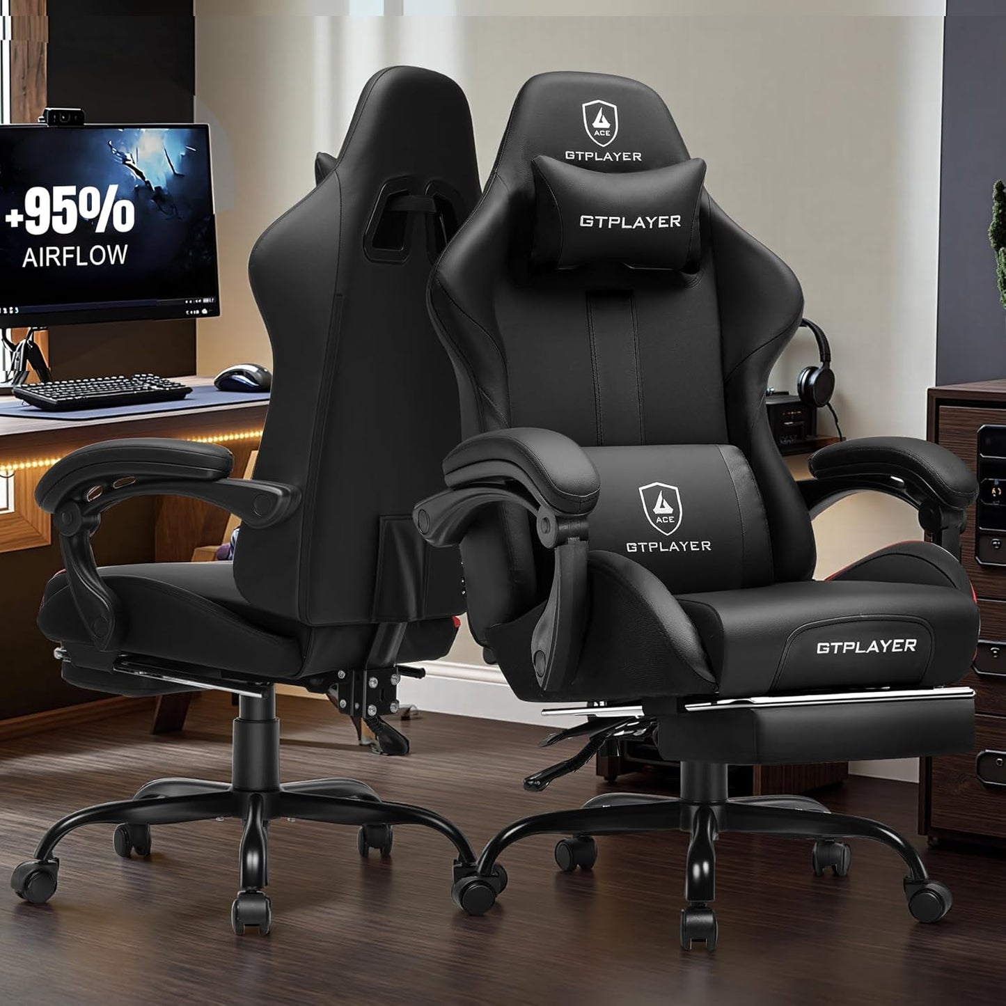 GTRACING Gaming Chair with Foot Rest & Pocket Spring Cushion, Ergonomic High Back Computer Chair with Headrest & 360°-Swivel Seat for Home Office Desk, PU Leather, Black