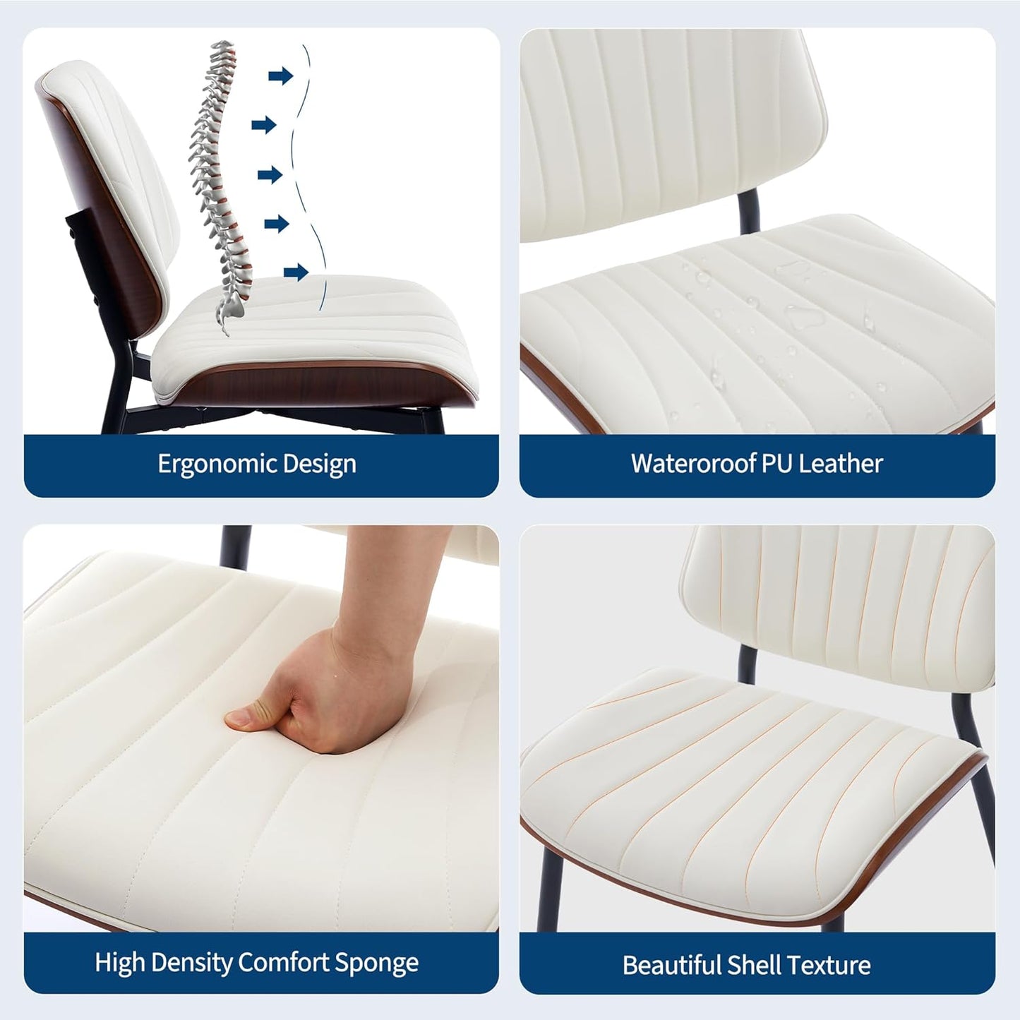 Dining Chairs Set of 2 - Mid Century Modern Upholstered Retro PU Leather Kitchen Chairs with Walnut Bentwood Back and Metal Legs for Dining Room and Kitchen, White Shell Strips