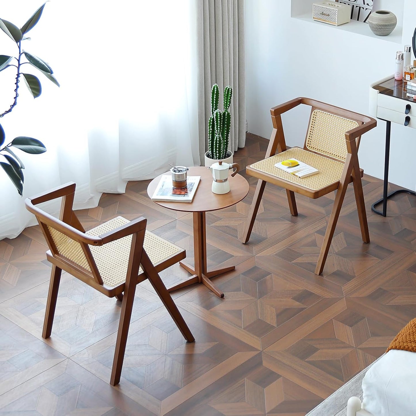 Rattan Dining Chairs Set of 2, Mid-Century Accent Armchair, Wicker Chair, Outdoor Bamboo Chair for Dining Room, Living Room, Bedroom, Kitchen, Walnut