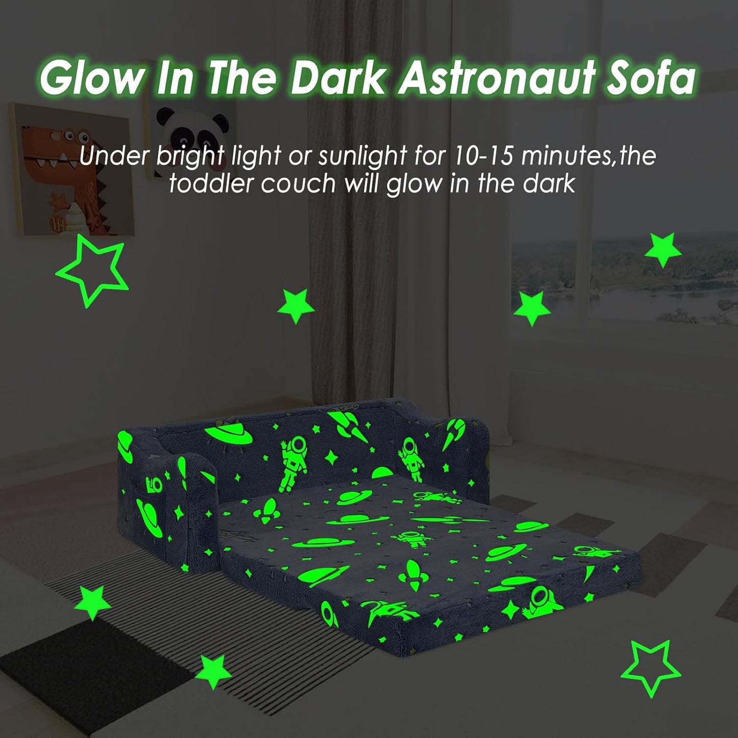Kids Couch Extra Large,Glow in The Dark 2-in-1 Folding Kids Sofa Bed for Boys,2 Seats Convertible Sleeper Lounger Toddler Couch for Children Bedroom Playroom Nursery,Astronaut