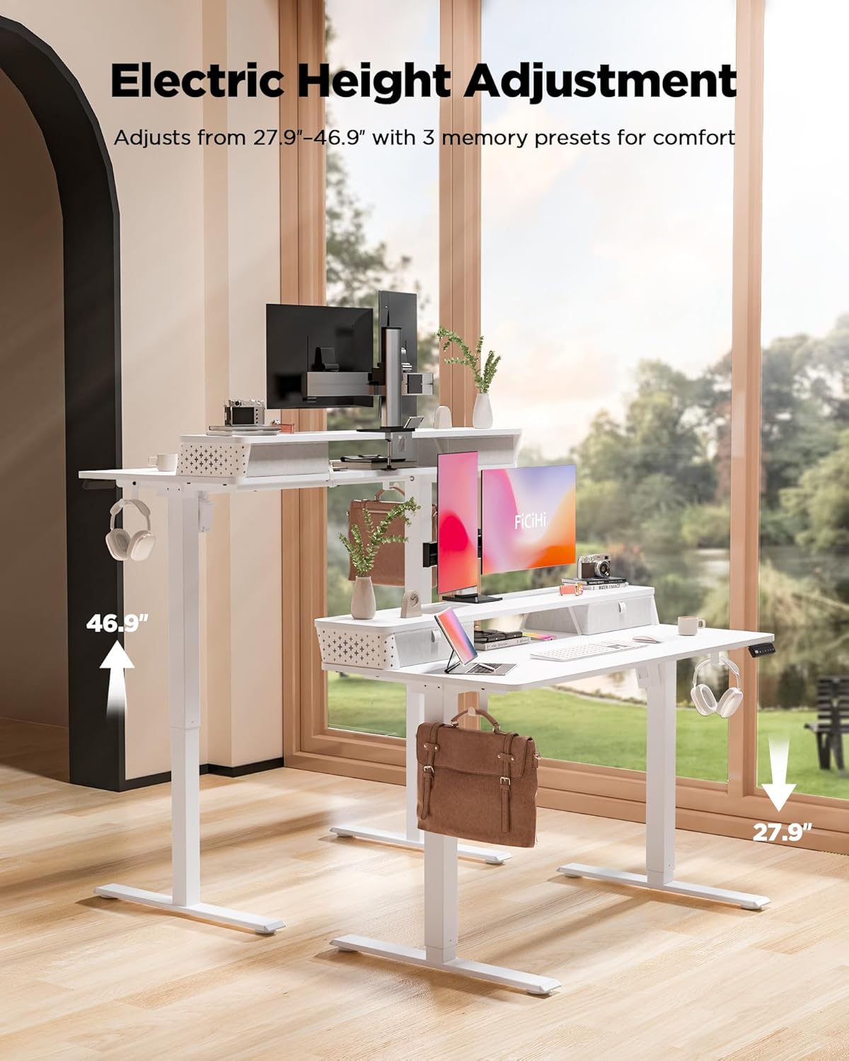 40x24 Inch Standing Desk with Double Drawers, C-Clamp Mount Compatible, Electric Adjustable Height Computer Stand Up Desks, Home Office Sit Stand Table with 3 Preset Heights & 2 Hooks, White