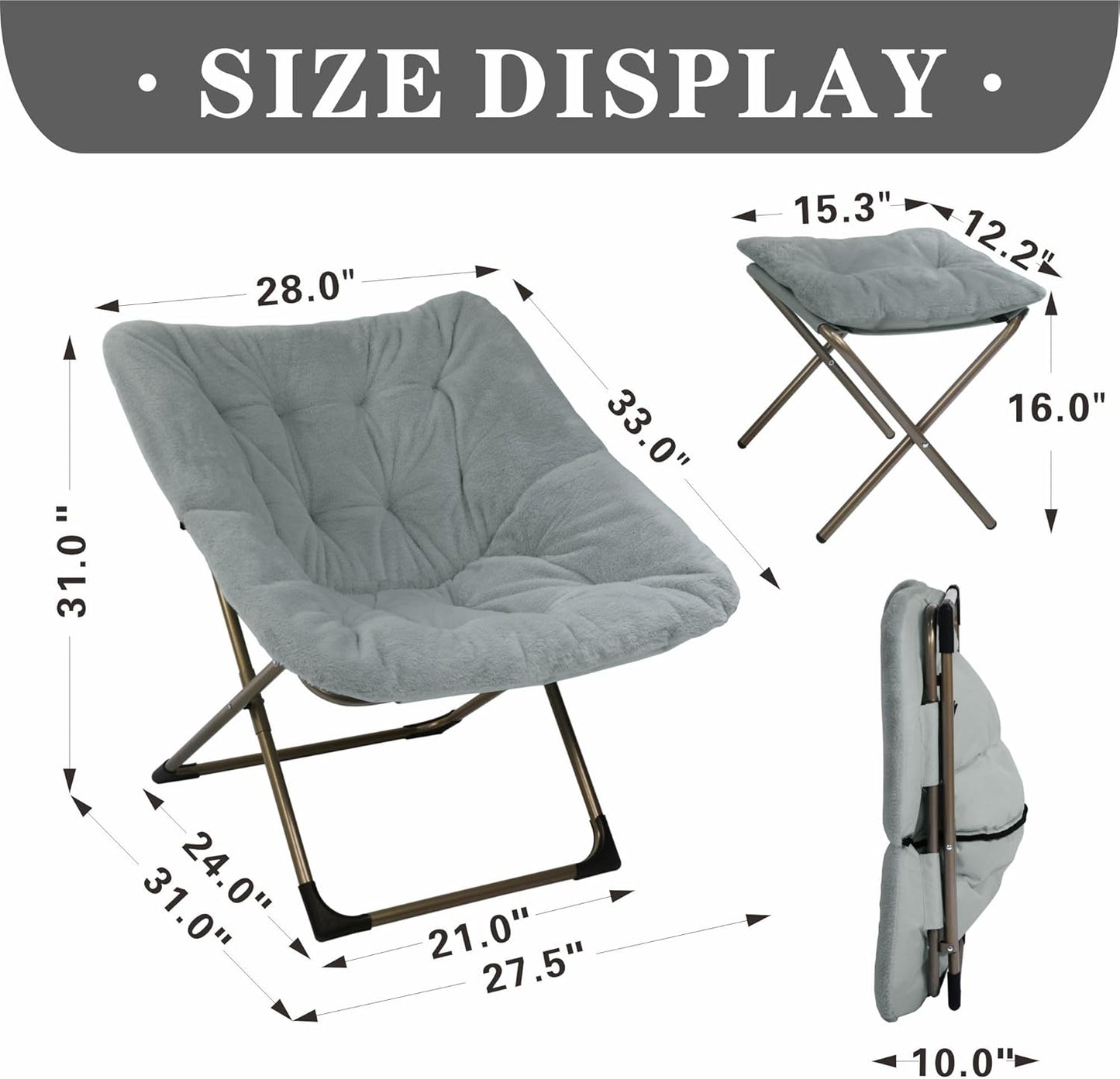 Kokel Plush Folding Chair and Ottoman Padded Metal Frame Living Room Chair (Light GRAY-TM21)