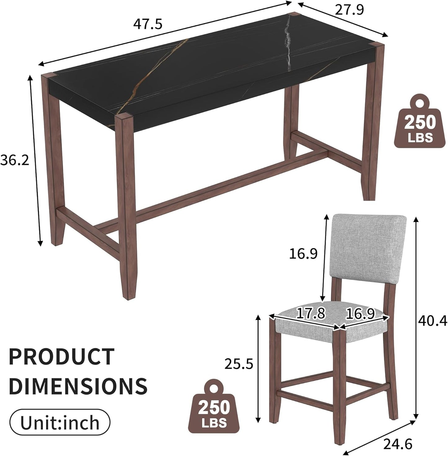 Ball & Cast 5-Piece Dining Table Set for 4,Kitchen Table Set W/Faux Marble Bar Table,Counter Height Living Room Furniture W/ 4 Upholstered Chairs,for Dining Room,Pub Kitchen,Small Place,Black+ Gray