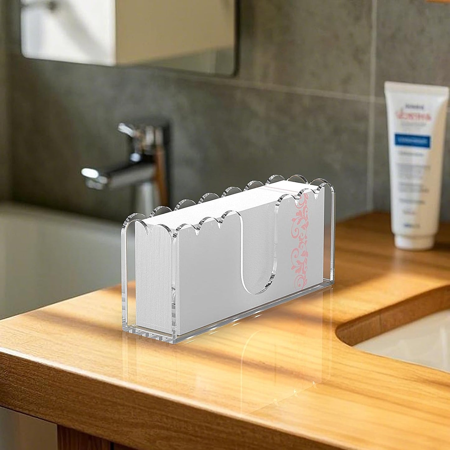 LUGUNU Clear Acrylic Napkin Holder – Scalloped Tray for Bathroom, Kitchen, Dining Room – Stylish Guest Hand Towel & Disposable Paper Holder for Weddings, Hotels, and Home Decor (9x2.4x4 inch)