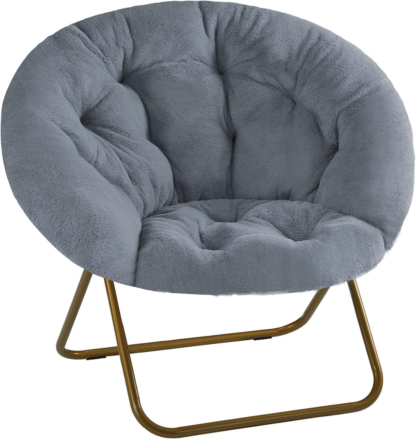 Saucer Chair Faux Fur with Soft and Thick Padded Seat Metal Frame, Modern Style Folding Cozy Chair for Bedroom, Living Room,XL, Grey