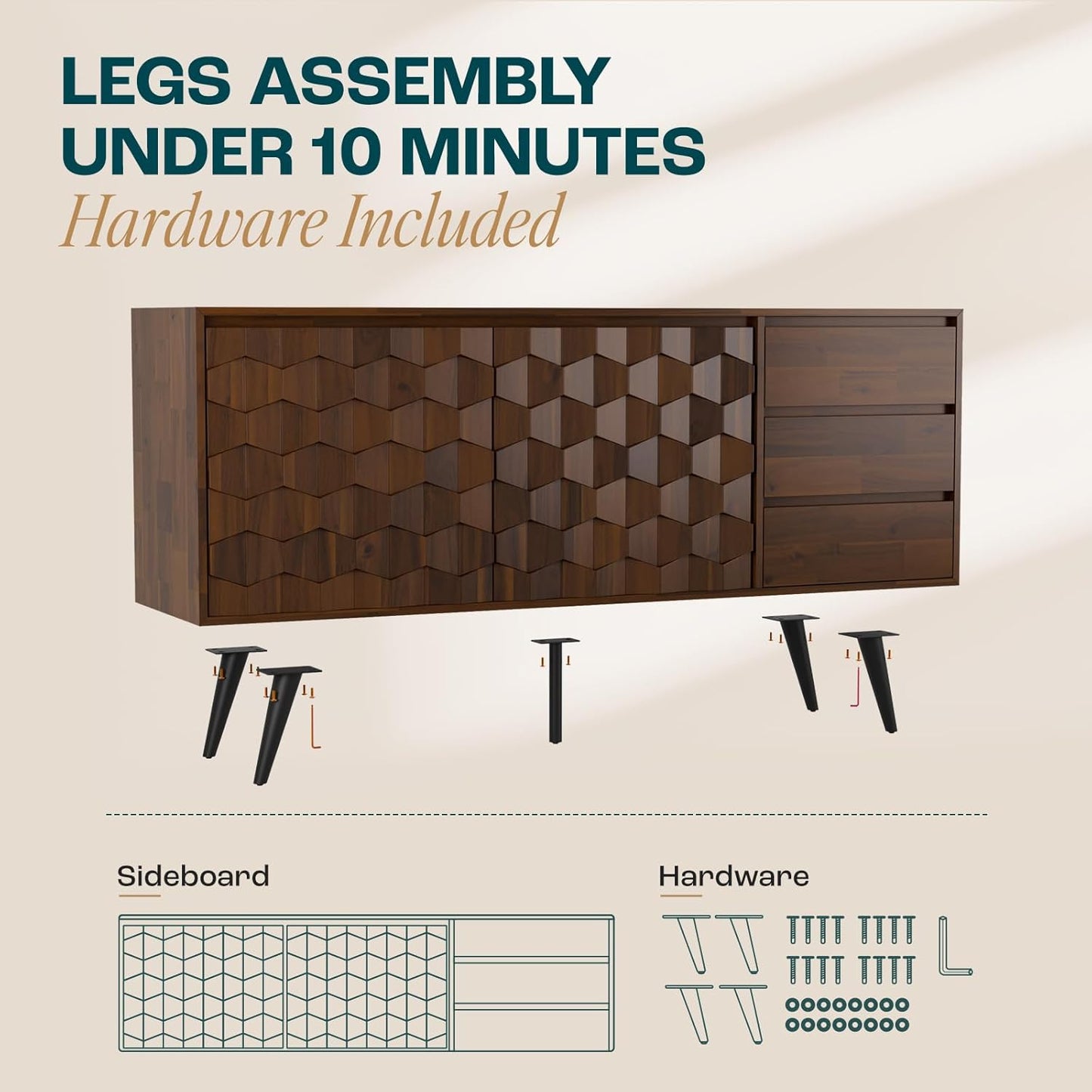 Bme Sideboard Georgina Solid Wood 2 Doors & 3 Drawers, 61'' Mid Century Modern Cabinet with Geometric Pattern for Kitchen, Dining, Living Room