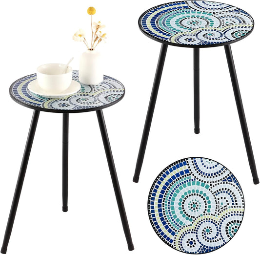 2 Packs Metal Mosaic Round Side Tables 13.4" Small Outdoor Patio Round Accent Coffee Tables Indoor Corner Stand for Small Spaces Weather-Resistant for Balcony, Porch Plant Stands Indoor