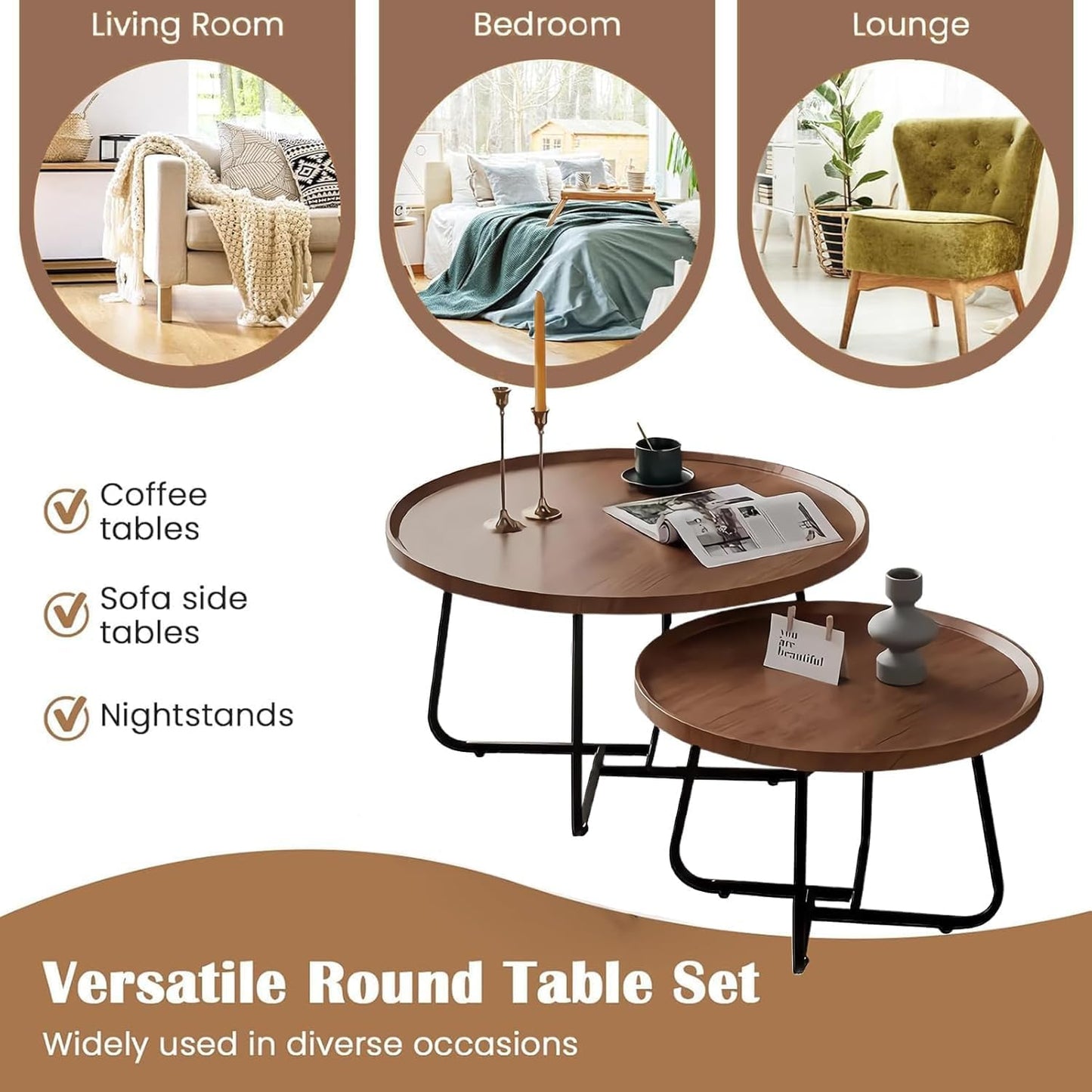 Round Nesting Coffee Table Set of 2, 28" Round Walnut with Fluted,Mid Century Modern,Center for Living Room Bedroom Office Balcony Yard