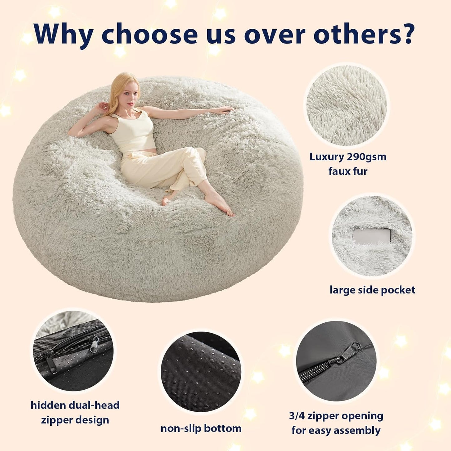 Bean Bag Chair Cover, Waterproof Faux Fur Bean Bag Cover Only(No Filler), 5FT Round Beanbag Cover with Pocket, Big Giant Bean Bags Covers for Adults Kids Teens, Stuffed Animal Storage