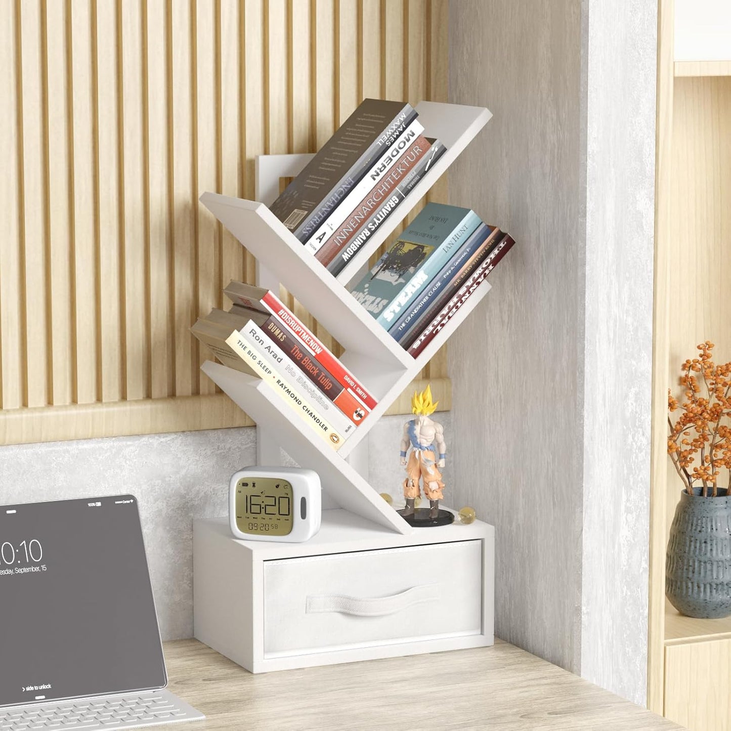 Small Bookshelf with Drawer,4 Tier Tree Book Shelf,Wood Desk Bookshelves,Modern Free Standing Desktop Display Shelves,White Floor Standing Organizer Bookcase for Living Room,Bedroom,Office