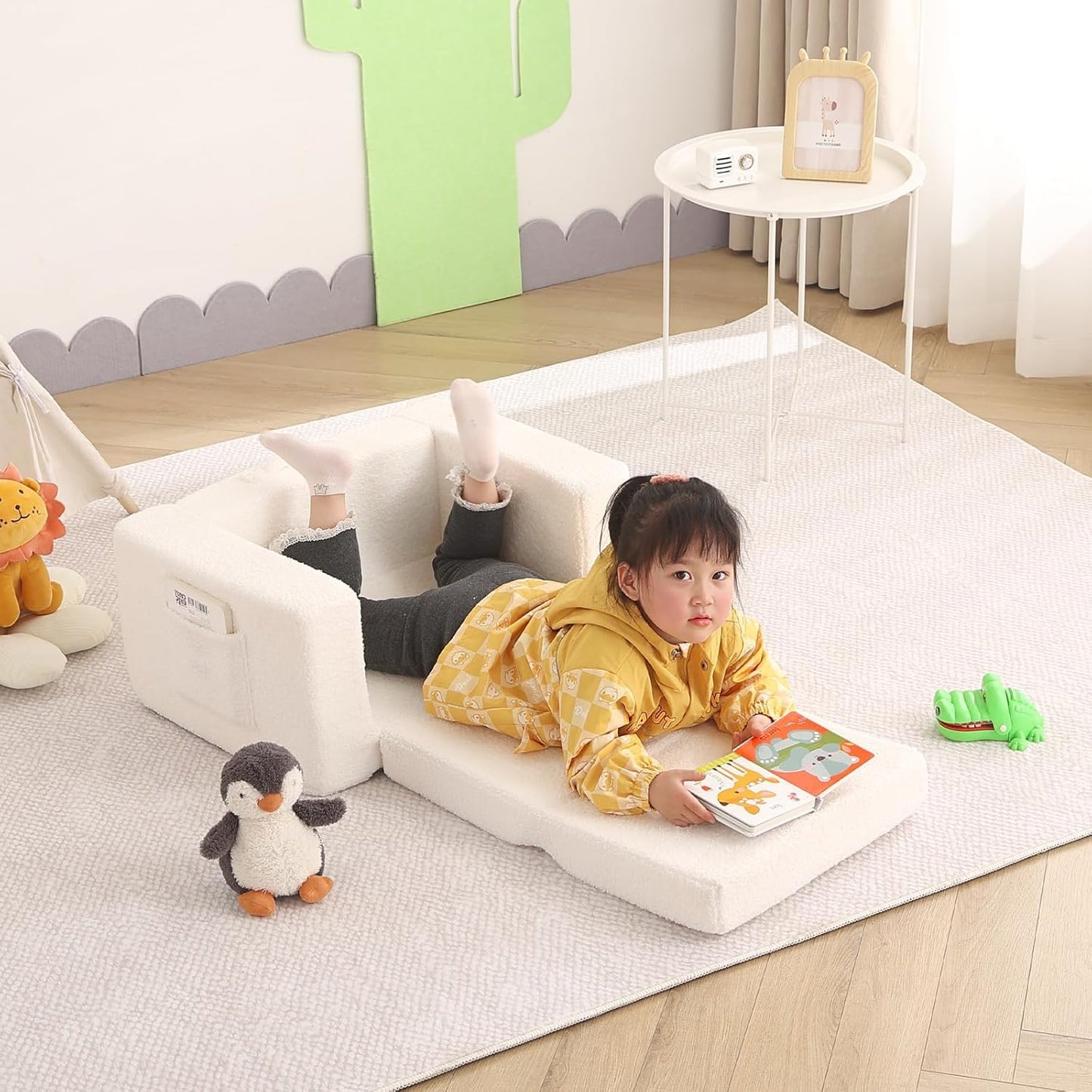 Welnow Toddler Chair, 2-in-1 Soft Sherpa Kids Sofa, Convertible Toddler Couch Lounger, Flip Out Kids Couch Chair with Side Pockets & Removable Cover for Girls and Boys, Beige