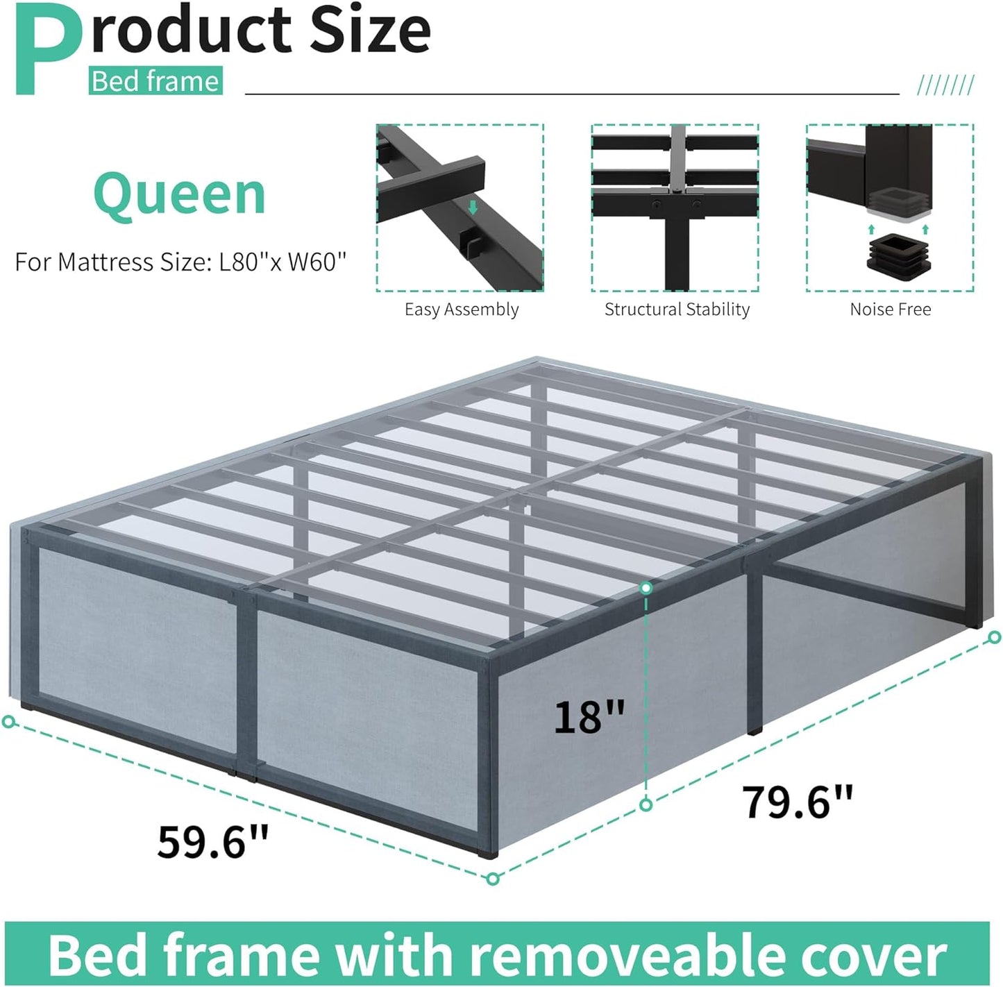 18 Inch Queen Bed Frame with Cover Skirt, Heavy Duty Steel Slat Support Metal Platform Bed Frame Queen Size No Box Spring Needed, Easy Assembly, Black and Blue