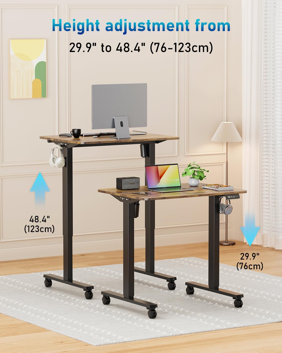 Small Height Adjustable Electric Standing Desk, 31.5" x 23.6" Sit Stand up Desk with Splice Board, Ergonomic Rising Computer Home Office Desk Table with Memory Preset, Black Frame/Rustic Brown Top