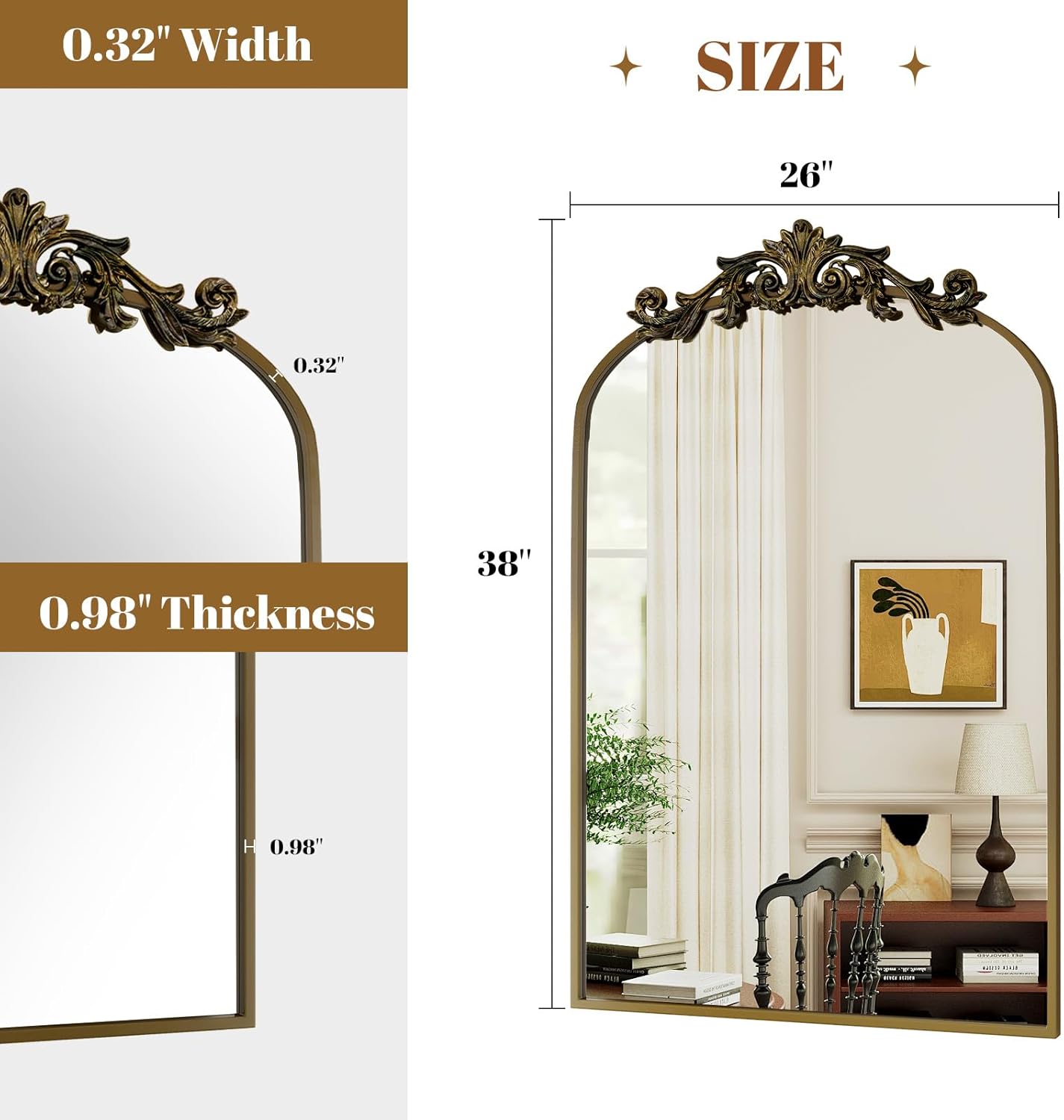 Vintage Arched Bathroom Mirror, 26x38 Inch Retro Wall Mounted Vanity Mirror with Carved Pattern Top and Metal Frame, Antique Decorative Mirror for Hanging or Leaning