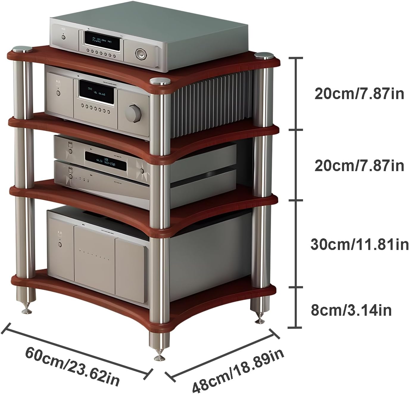4-Tier AV Media Stand, Stereo Racks and Stands, Video Component Cabinet Audio Rack Tower for DVD Player Game Console TV Box WiFi Routert (Dark Wood, 4-Tier)