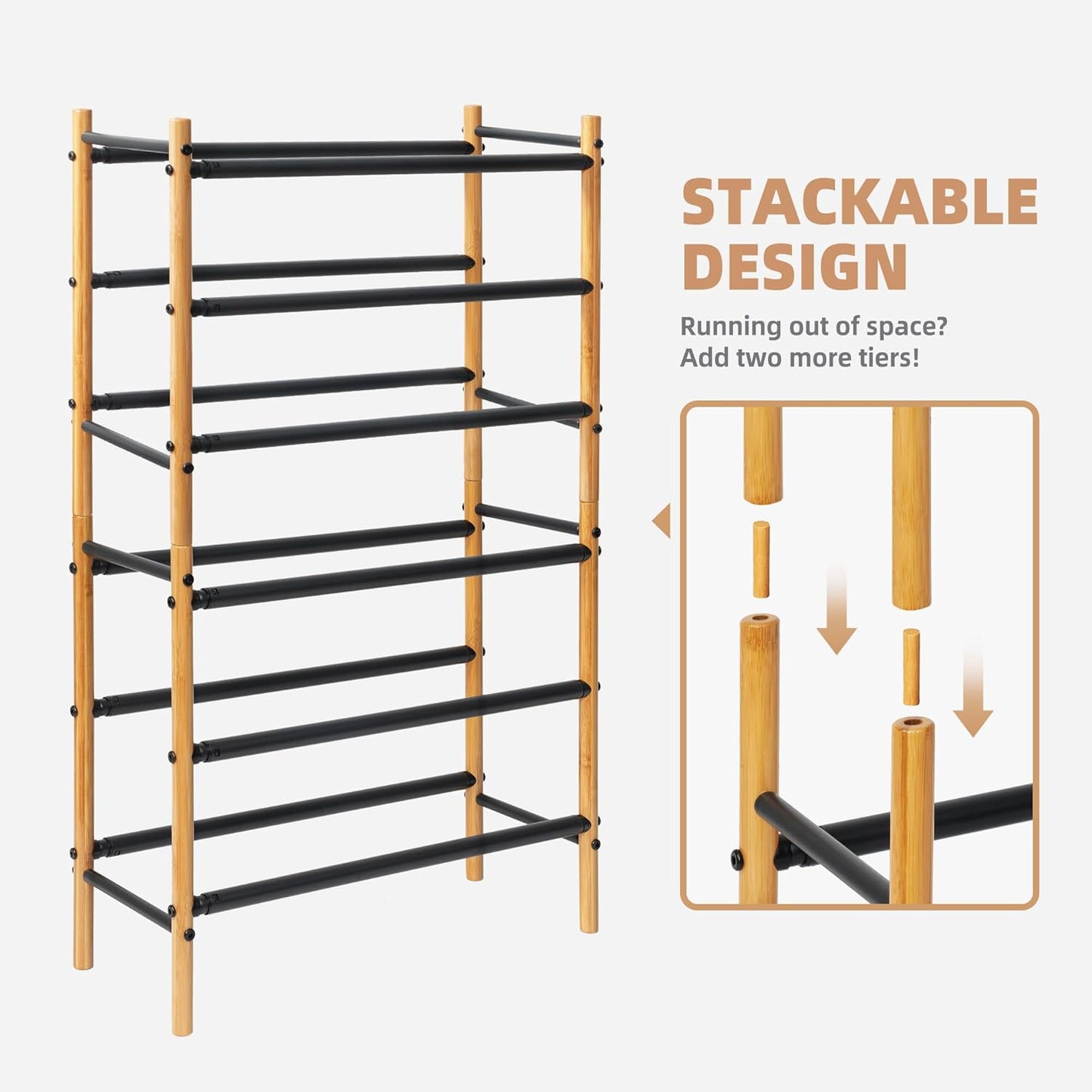 STORAGE MANIAC Expandable Shoe Rack, 16 Pairs Stackable Small Shoe Rack, Metal Adjustable Shoes Organizer for Closet, Entryway, Hallway, Garage, Front Door, Shoes Shelves, Bamboo 4 Tier