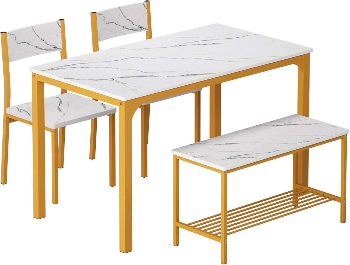 SogesHome 4-Piece Dining Table Set for 4 - Space-Saving Kitchen Set with Bench and Chairs, Ideal for Restaurants and Coffee Shops, Golden