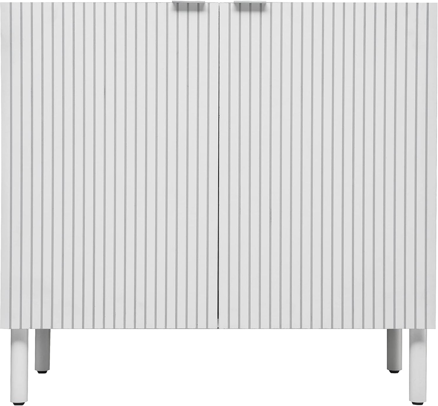Sango Merk 2-Door Cabinet, Modern White Storage Cabinet with Vertical Groove Doors, Adjustable Shelf, Cylindrical Wood Legs, Discreet Metal Finger Pulls, Stylish Furniture for Living or Dining Room