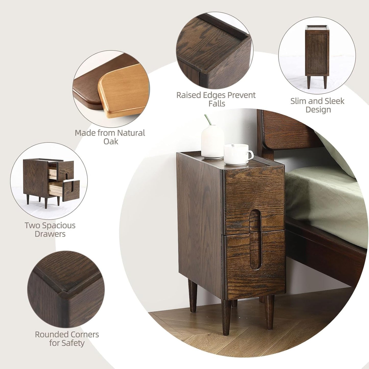 Solid Wood Bedside Table Nightstands, Slim Narrow Oak Real Wooden Mid-Century Modern End Table with Drawers Luxury Side Table Durable Cabinet Organizer Furniture, Walnut Color 7.87in Wide