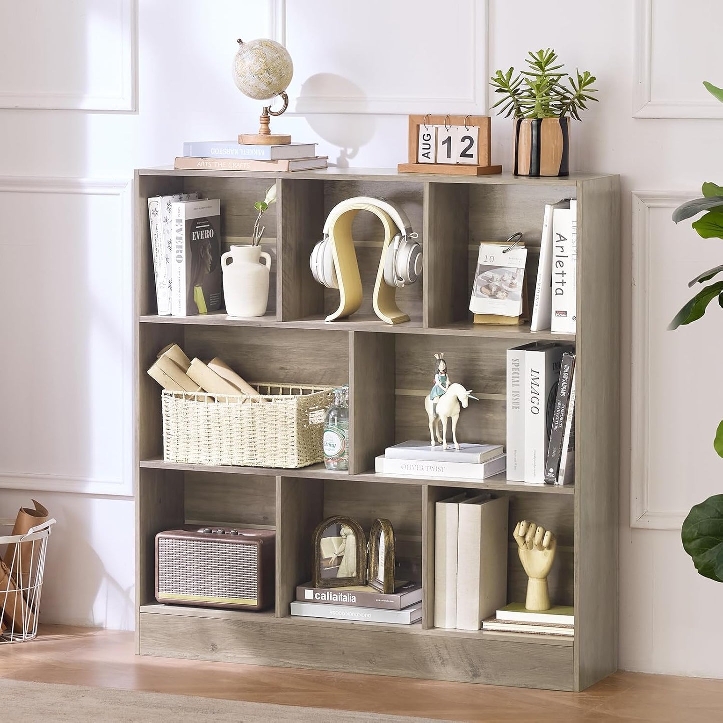 LEYAOYAO 8 Cube Bookshelf with Base,3 Tier Mid-Century Modern Grey Bookcase,Standing Wide Bookshelves Storage Organizer Shelf,Rustic Wood Display Cabinet Book Shelves for Bedroom,Living Room,Office