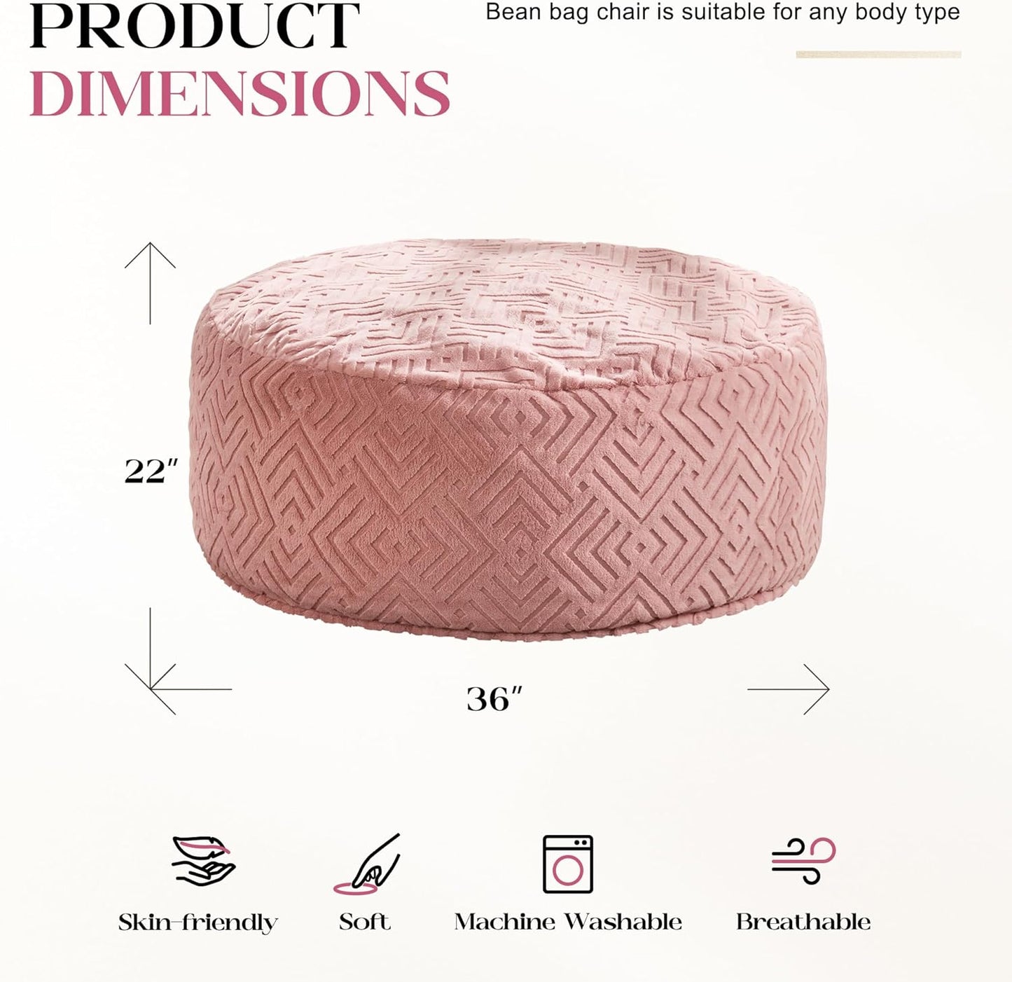 Hobestluk Bean Bag Chairs Adults Beanbag Chair with Filler Large Bean Bags with Fluffy Embossed Cover, Giant Bean Bag Chairs for Adults (Pink, 3FT - 36” x 36” x 22”)