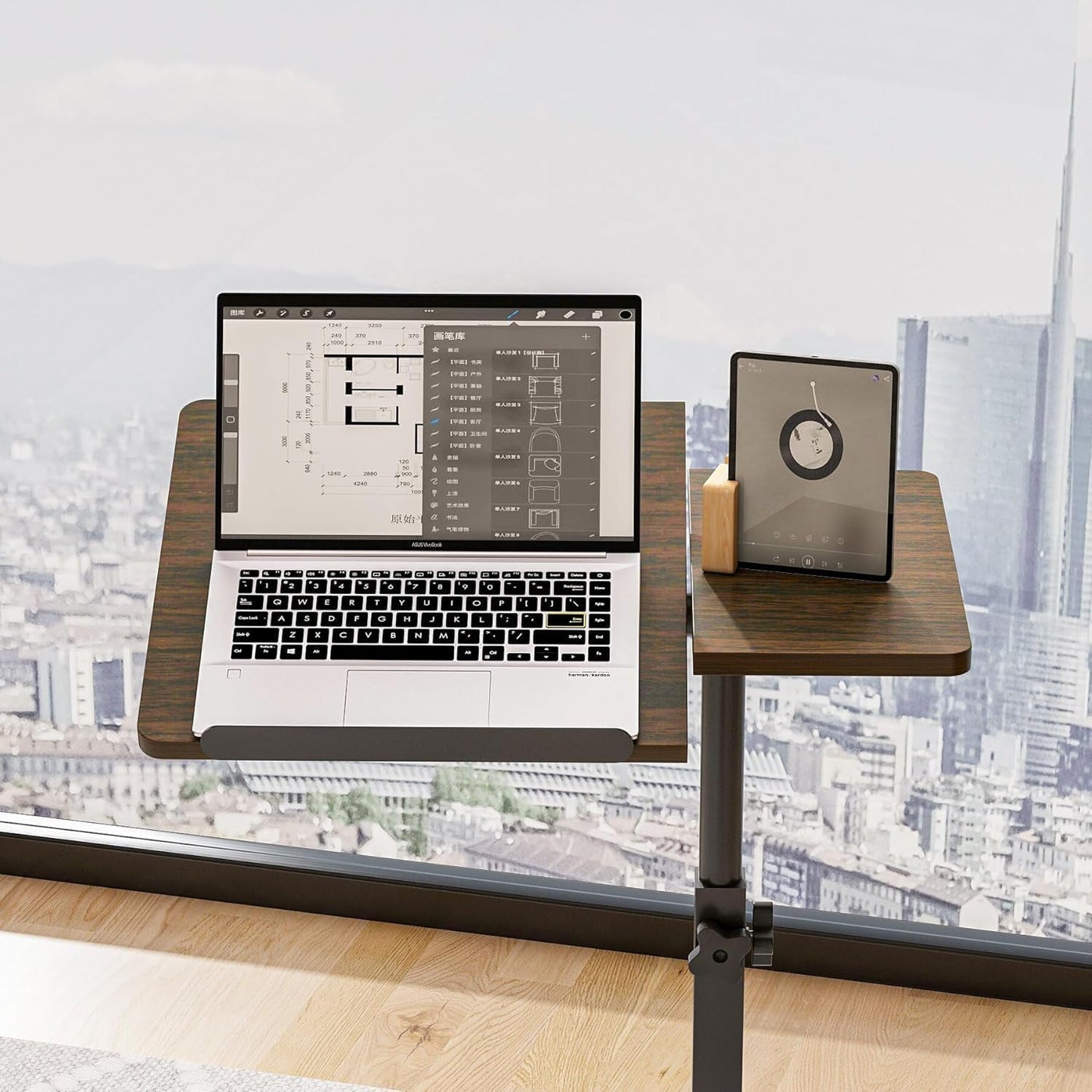 Mobile Laptop Stand for Couch Overbed Table with Wheels Adjustable Height Tilting Sofa Laptop Bed Table Rolling Cart Medical Overbed Table (Brown)