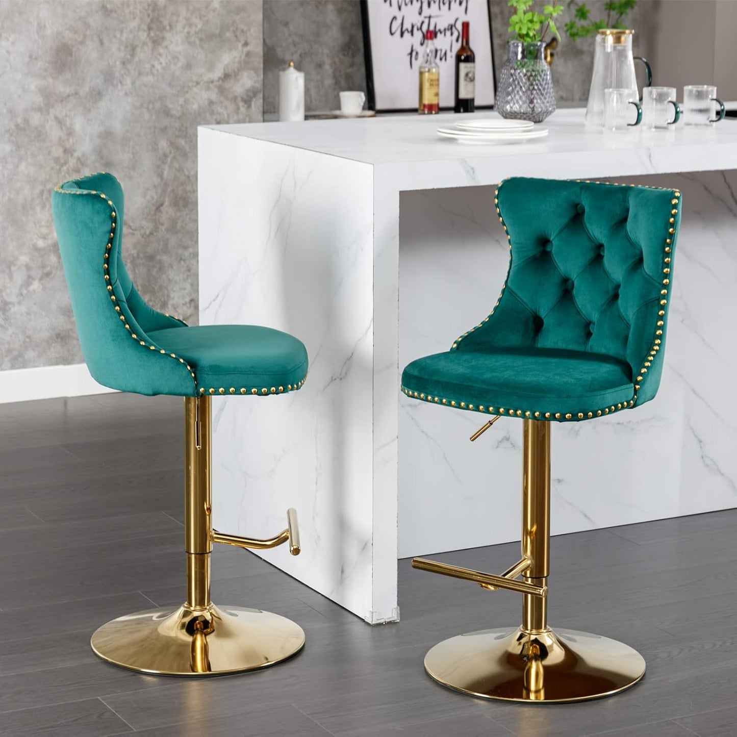 PacknWood Acosure Golden Swivel Velvet Bar Stools Adjusatble Seat Height from 25-33" with Backs Comfortable Tufted,Modern Upholstered Furniture Chairs W/for Home Pub Kitchen,Green,Set of 2