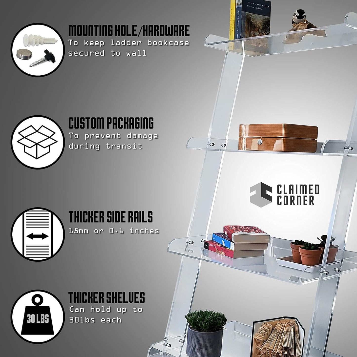 Acrylic Ladder Bookcase – Large Modern Clear Leaning Floating Wall Bookshelf - Standing Decor Display Unit for Open Shelving, Organizer, or Storage in the Living Room, Office, Bedroom, or Bathroom