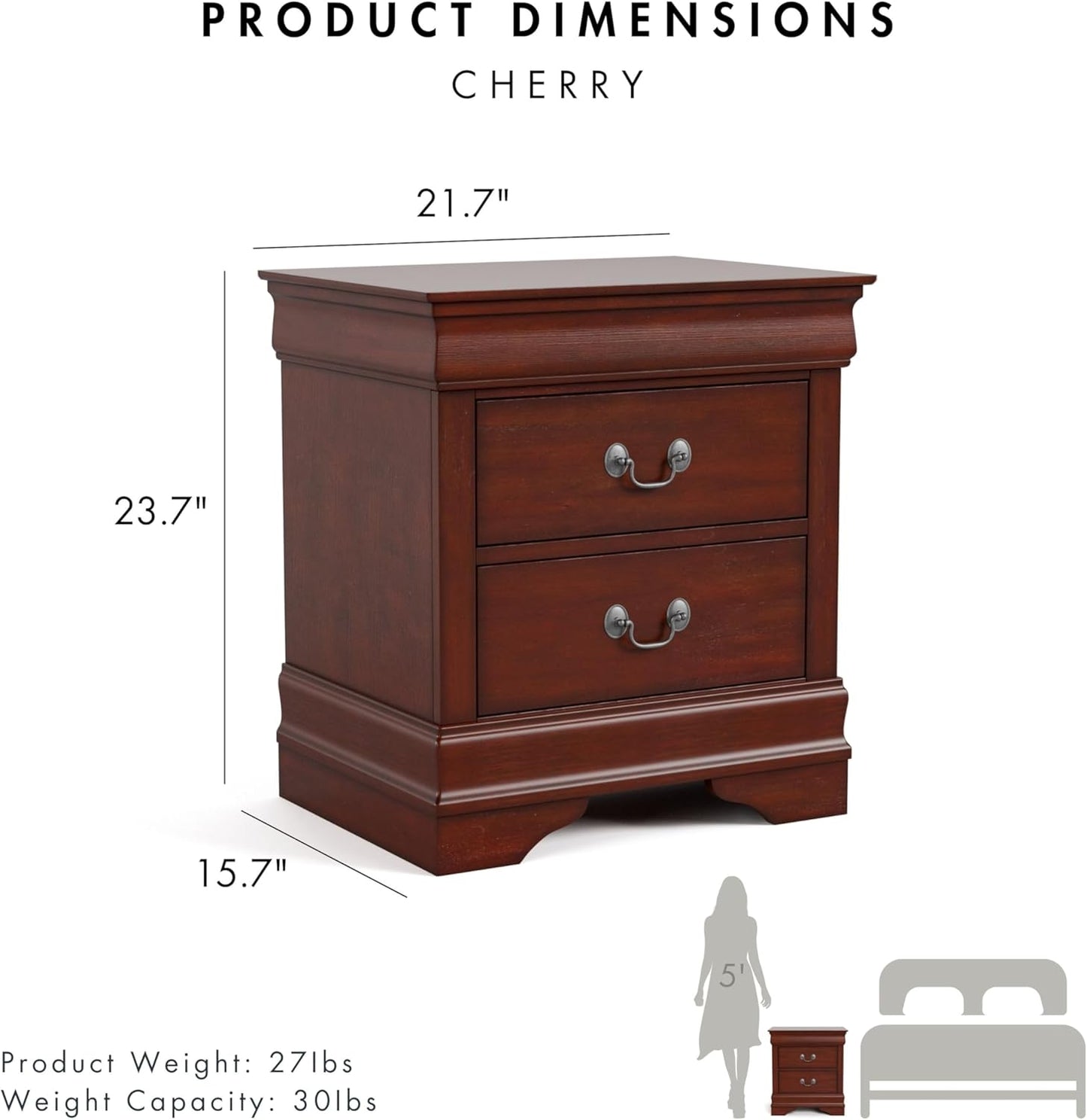 Furniture of America Arabella Traditional Solid Wood Nightstands Set of 2, Bedside Table with Drawers and Antique Nickle Handles, No Assembly Wooden Night Stands for Bedrooms, Guest Room, Dorm, Cherry