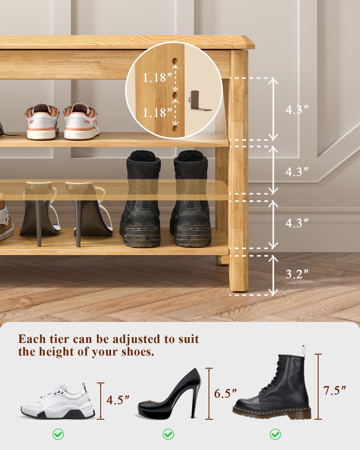 Shoe Rack Bench Seat Rubberwood 3-Tier Wooden Storage Bench 550lbs Compact Mid-Century Modern Design for Entryway, Hallway, Closet, Front Door Entrance, Foyer