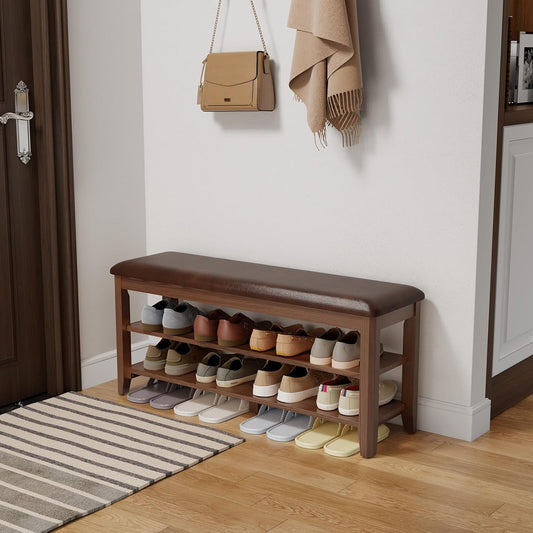 Wood Shoe Rack Bench for Entryway, Shoe Rack for Front Door Entrance with Leather Cushion, 2 Tier Shoe Bench with Shoe Storage for Entryway, Bedroom.