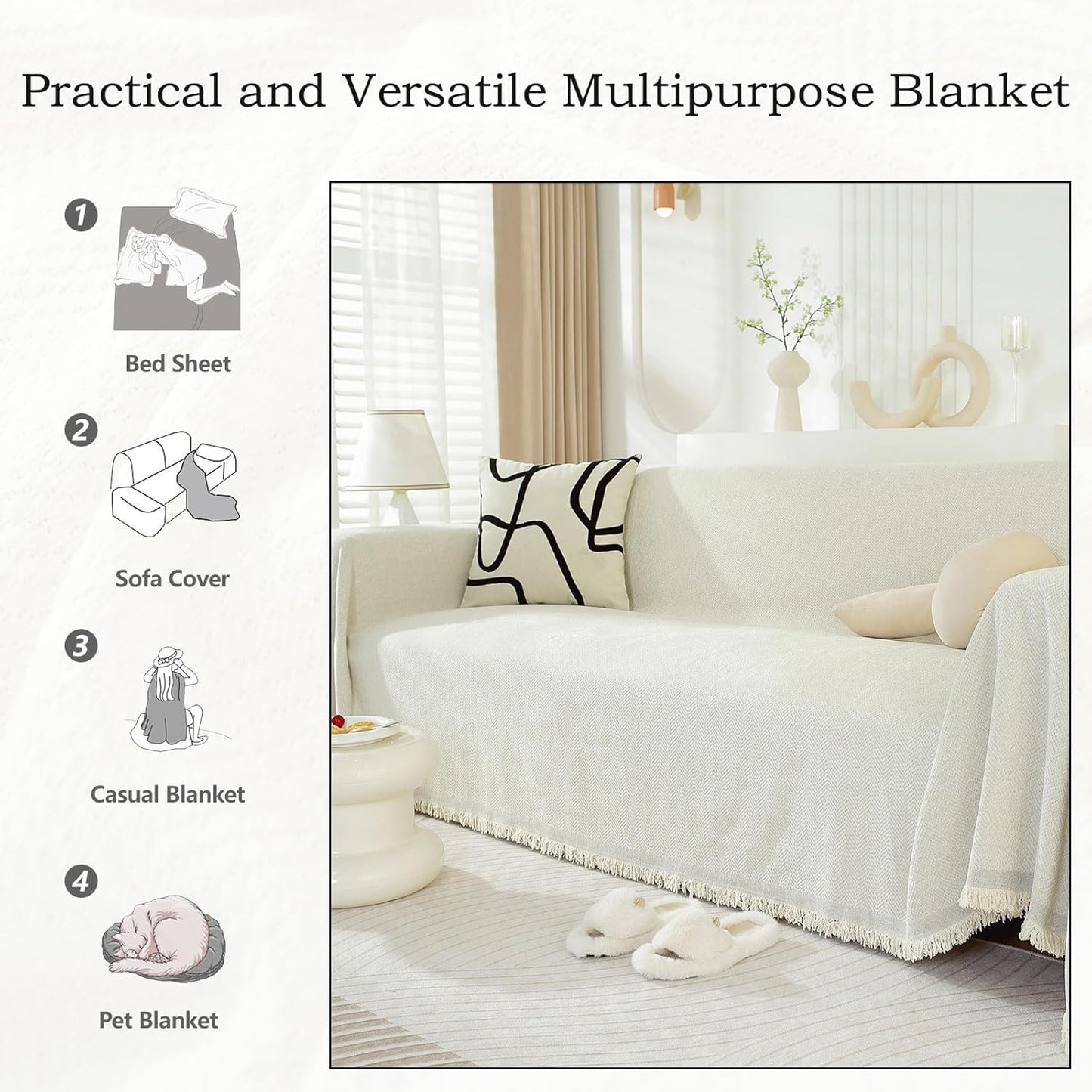 STACYPIK Modern Beige Couch Covers for Dogs Cats Thick Chenille Ivory White Sofa Cover Sofa Slipcover Furniture Protector for 3 Cushion Couch with Tassel Non-Silp Futon Cover Sofa Protector-71X150IN