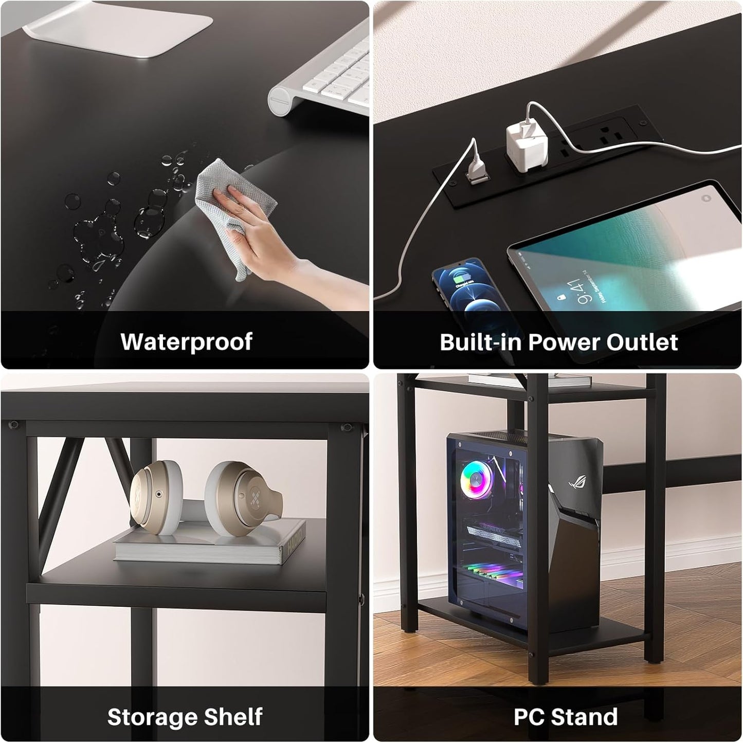 Reversible L Shaped Computer Desk with Magic Power Outlet, Sturdy Office Corner Desk, L Shape Gaming Table with Storage Shelf, Black