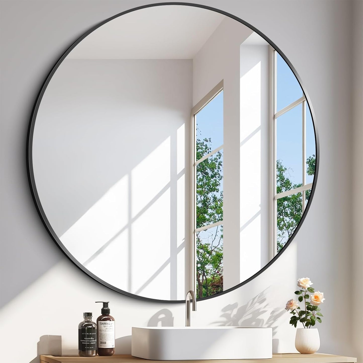 Black Round Mirror, 42 inch Large Circle Mirror, Aluminum Alloy Metal Frame Round Bathroom Mirror, Big Round Wall Mirror, Circle Mirrors for Wall Entryway Bedroom Living Room