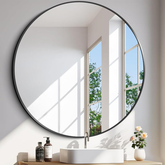 Black Round Mirror, 42 inch Large Circle Mirror, Aluminum Alloy Metal Frame Round Bathroom Mirror, Big Round Wall Mirror, Circle Mirrors for Wall Entryway Bedroom Living Room