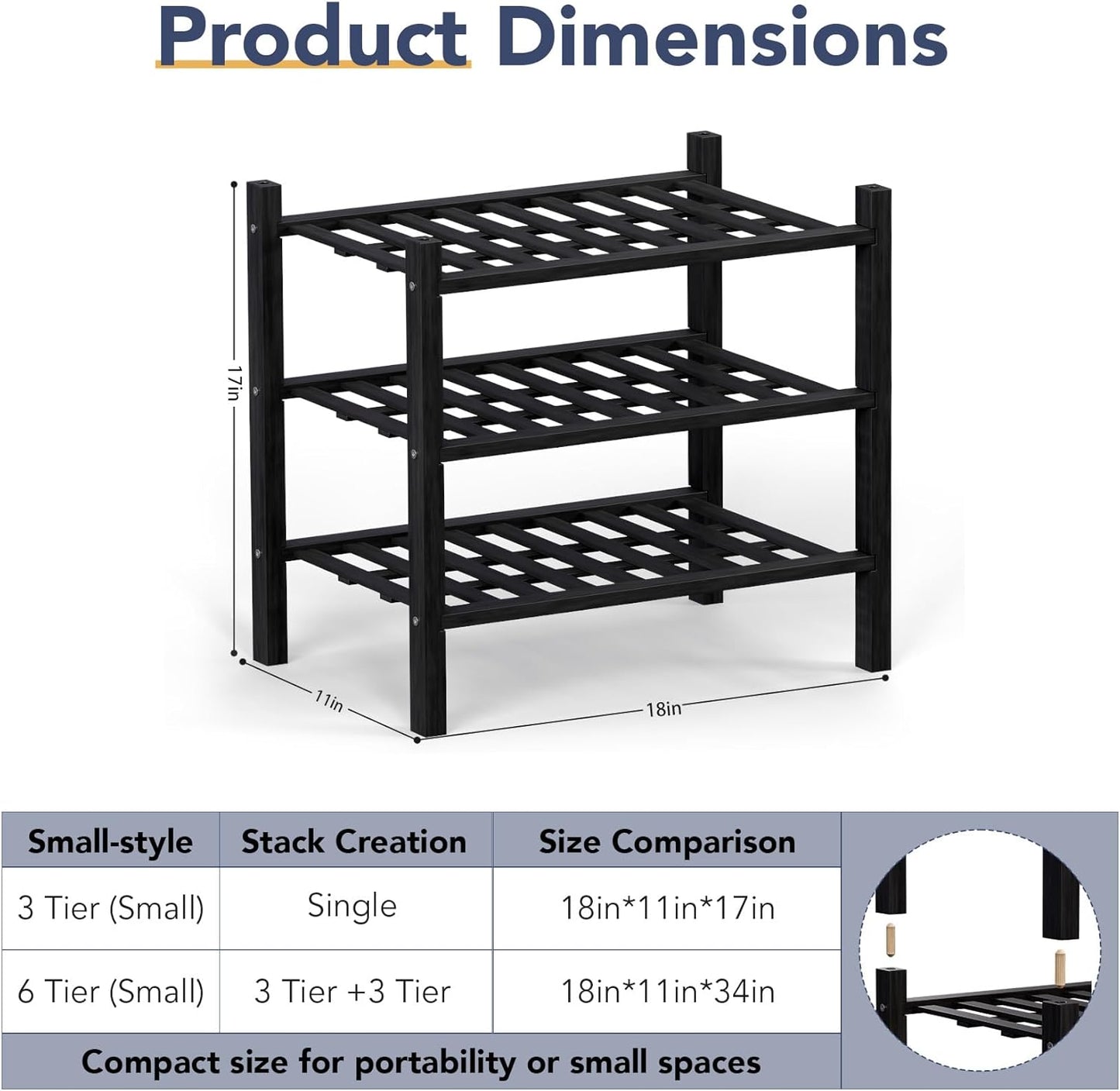 Haddockway small 3 Tier Bamboo Shoe Rack Storage Organizer, Multifunctional Free Standing Stackable Shoe Shelf with Grid Panel for Closet,Hallway,Entryway,Small Space 18"x11"x17"(Black, 3-Tier(Small))