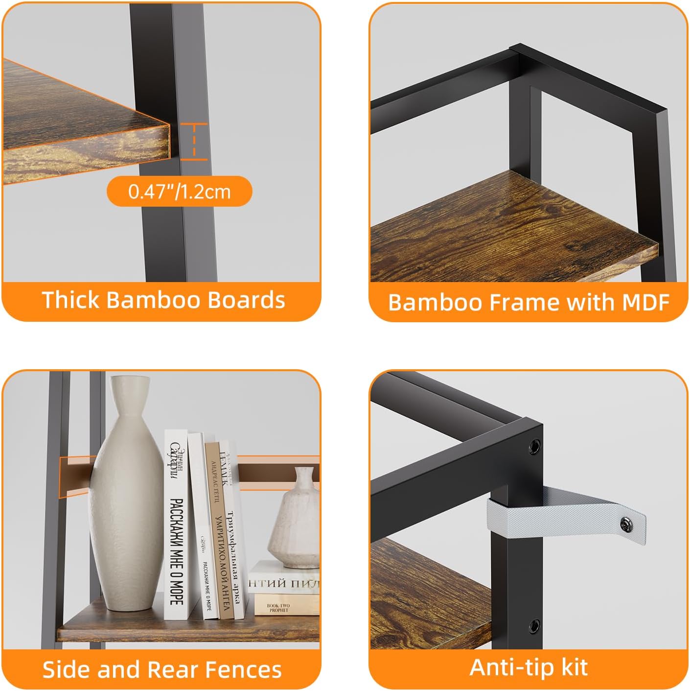 HITNET Ladder Shelf, 4 Tier Bookshelf with Bamboo Frame, Freestanding Bathroom Storage Shelving Unit for Living Room, Home Office, Bedroom, Rustic Brown and Black