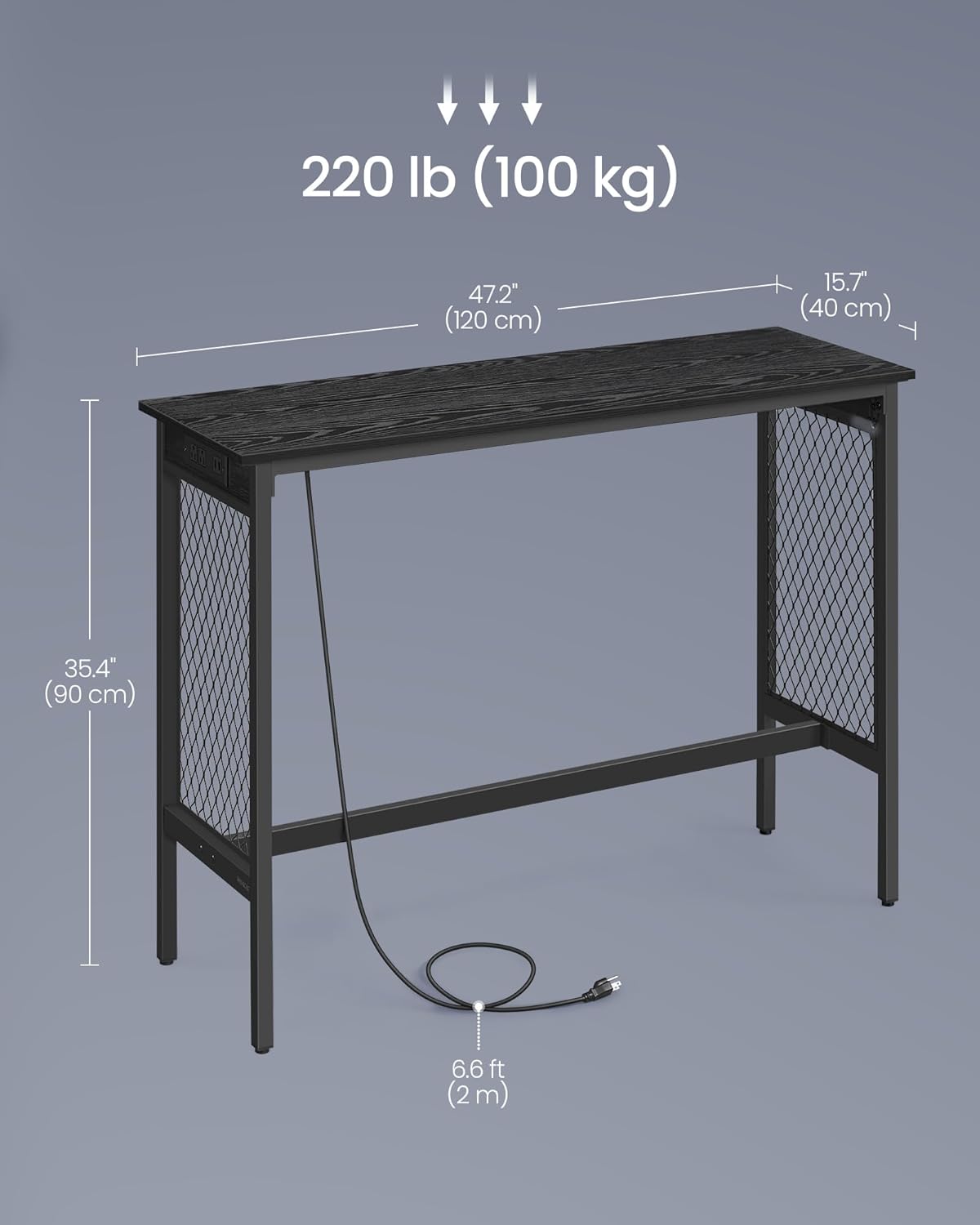 VASAGLE Bar Table with Power Outlets, 47.2 Inches LED Lights Narrow Tall Pub Table, Counter Height Console Desk, Mesh Panels and Metal Frame, for Kitchen, Entryway, Ebony Black and Matte Black