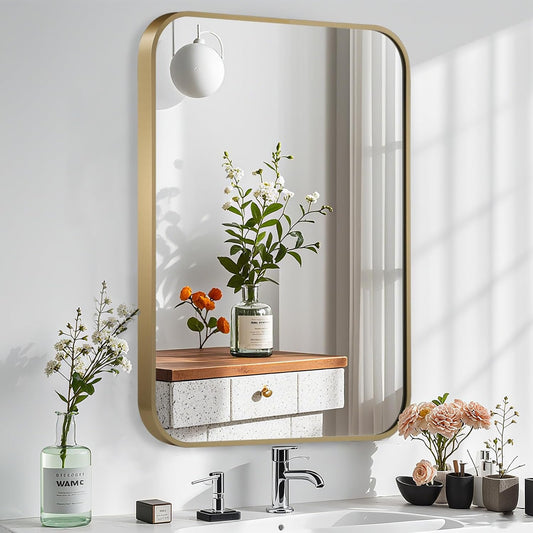 Gold Mirror, 22x30 Inch Gold Rectangle Mirror, Aluminum Alloy Framed Vanity Mirror, Rounded Rectangle Bathroom Mirror for Over Sink, Anti-Rust Wall Mirror (Horizontally or Vertically)