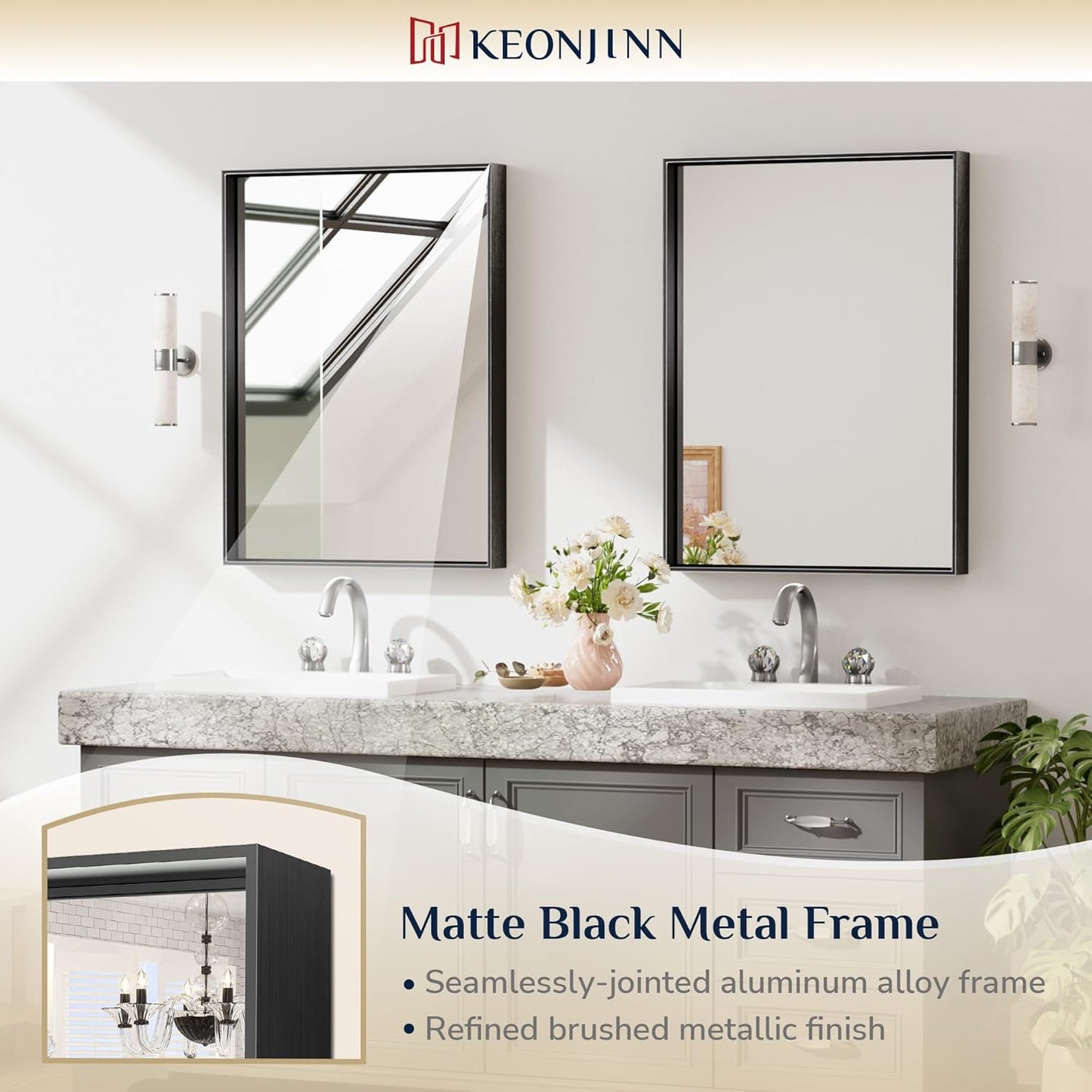 Keonjinn Black Mirror for Wall 24 x 32 Inch Rectangle Bathroom Vanity Mirror for Over Sink Metal Framed Farmhouse Mirror Square Corner Brushed Rectangular Mirror for Bathroom Sink(Horizontal/Vertical)