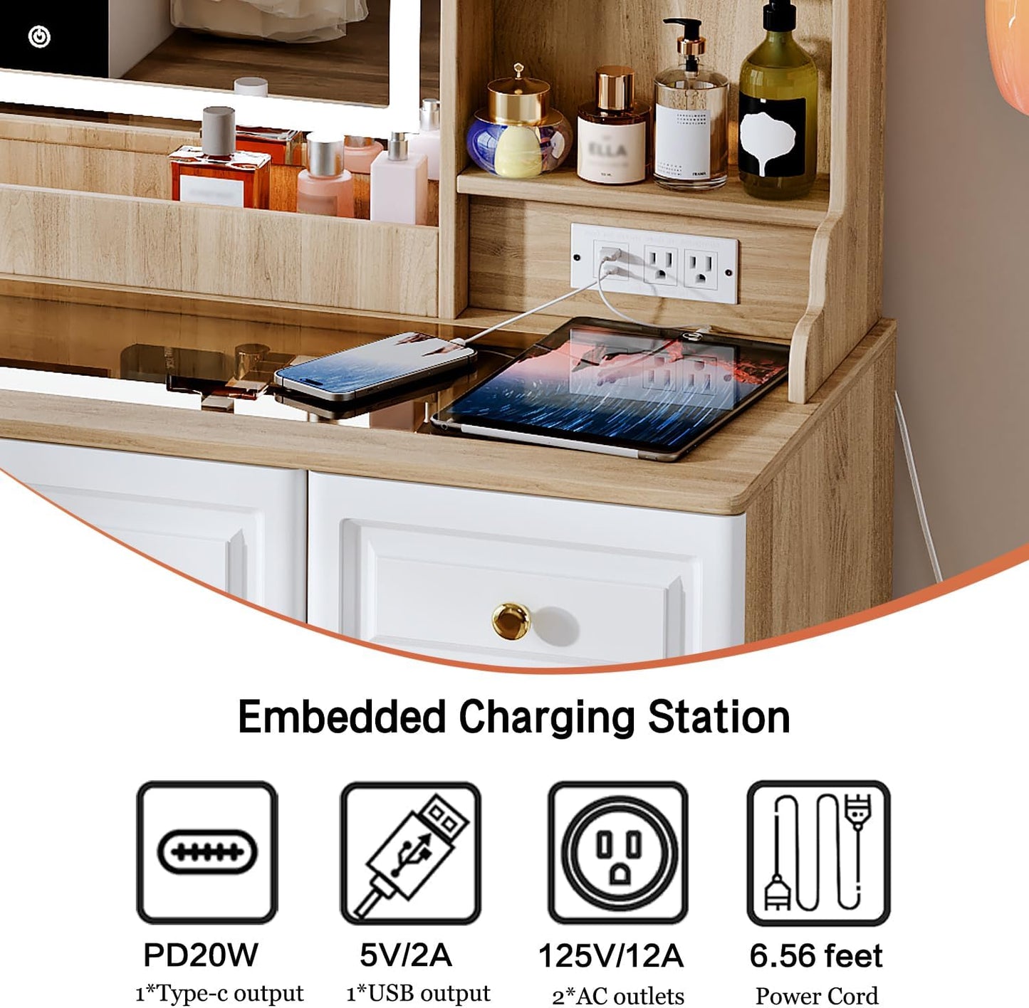 43" Makeup Vanity Desk with Mirror and Lights, & Power Outl, Glass Top Big Vanity Table with 9 Drawers& 8 Storage Shelves, Dressing Table Set with Chair for Bedroom, White+Oak