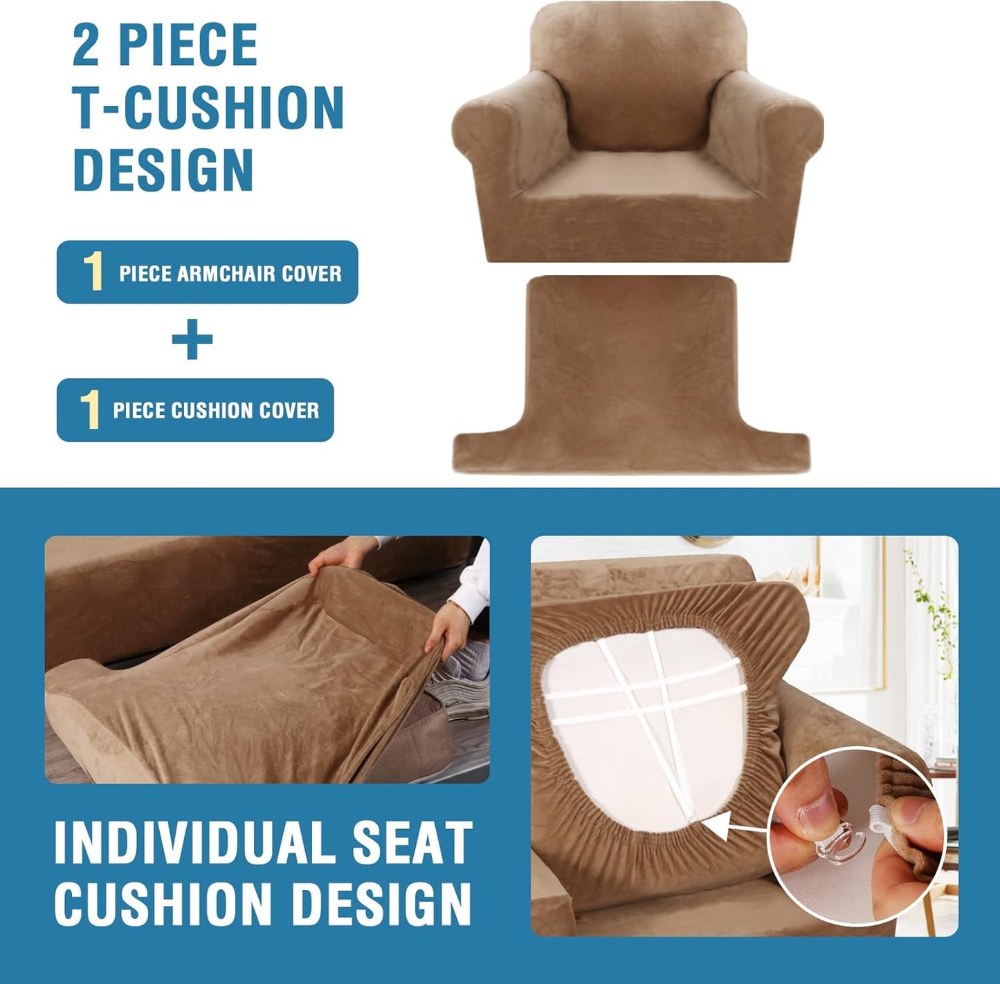H.VERSAILTEX Sofa Cover 2 Piece T Cushion Armchair Slipcovers Thick Velvet Couch Cover Furniture Protector Stretch T Cushion Sofa Covers for 1 Cushion Couch with 1 Individual T Cushion Covers, Camel