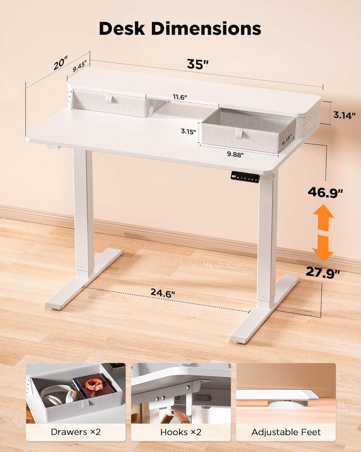 35x20 Inch Standing Desk with Double Drawers, C-Clamp Mount Compatible, Electric Adjustable Height Computer Stand Up Desks, Home Office Sit Stand Table with 3 Preset Heights & 2 Hooks, White