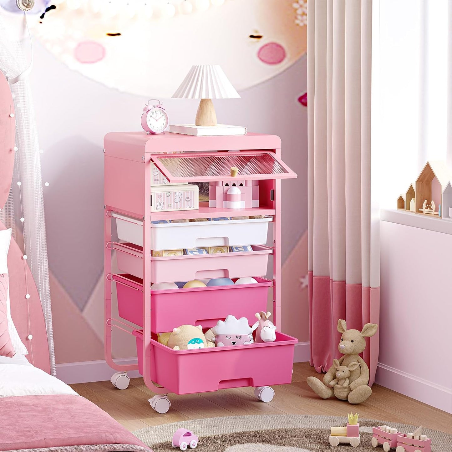 Utility-Rolling-Storage-Drawer-Craft-Cart-Organizers with 4 Drawers & Dust-Proof Door for Kid Craft Art Room,Bedroom,Home Office, Classroom, Rose Pink